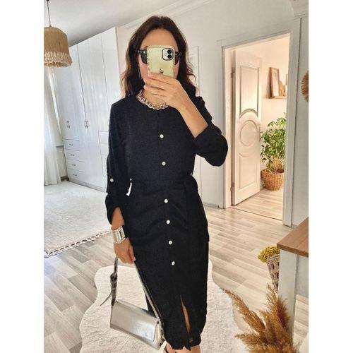 Kadın Uzun Kollu önden Düğmeli Beli Kuşaklı Aerobin Midi Elbise