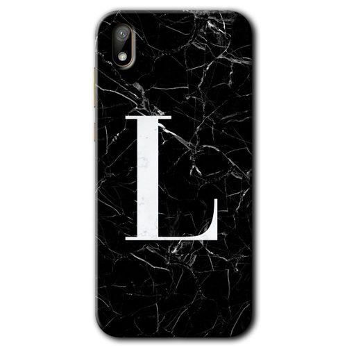Huawei Y5 2019 Kılıf HD Desen Baskılı Arka Kapak + Temperli Cam - Siyah Mermer Desenli L Harfi