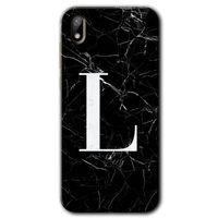Huawei Y5 2019 Kılıf HD Desen Baskılı Arka Kapak + Temperli Cam - Siyah Mermer Desenli L Harfi