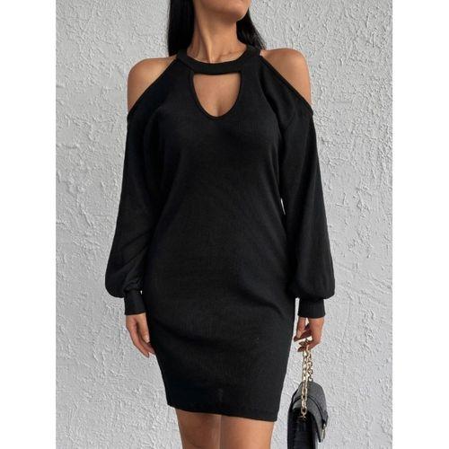 Kadın Uzun Kollu Omuzları Açık Boyundan şerit Detay Kaşkorse Elbise