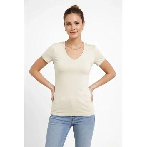 T-Shirt V Yaka Slim Fit Likralı Tişört Günlük Basic Body - Taş