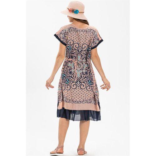 Kısa Kol Vual Defne Midi Boy Yazlık Otantik Elbise Somon 6028