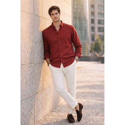 Pera Kumaş Keten Görünümlü Yarım Oversize Uzun kollu Erkek Gömlek - Bordo