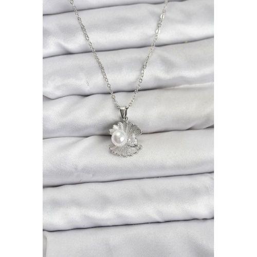 316L Çelik Zincir Gümüş Renk İstiridye İnci Model Zirkon Taşlı Kadın Kolye