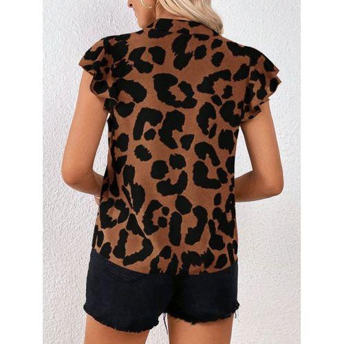 Kadın Kısa Fırfır Kollu V Yakalı Leopar Desenli Süprem Bluz