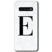 Galaxy S10 Kılıf HD Desen Baskılı Arka Kapak - Beyaz Mermer Desenli E Harfi + Kırılmaz Cam
