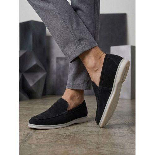 BA0252 %100 İçi Dışı Hakiki Deri Erkek Siyah Süet Casual Loafer Termo Taban Ayakkabı
