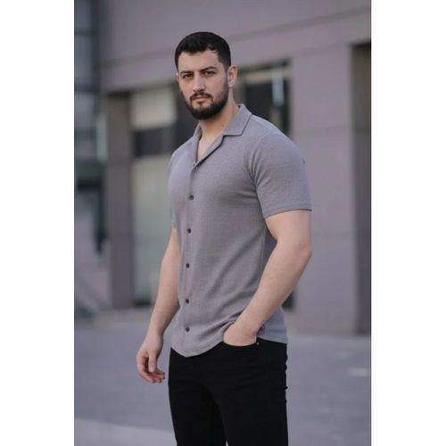 Erkek Waffle Kumaş Kısa Kollu Düğmeli Açık Yaka Regular Fit Gömlek - Gri