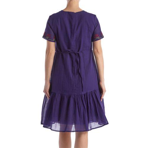 Kısa Kol Mor Bağcıklı V Yaka Nakışlı Yazlık Vual Kısa Elbise