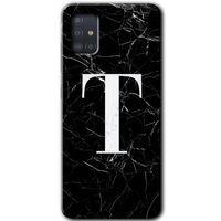 Galaxy A51 Kılıf HD Desen Baskılı Arka Kapak - Siyah Mermer Desenli T Harfi + Kırılmaz Cam