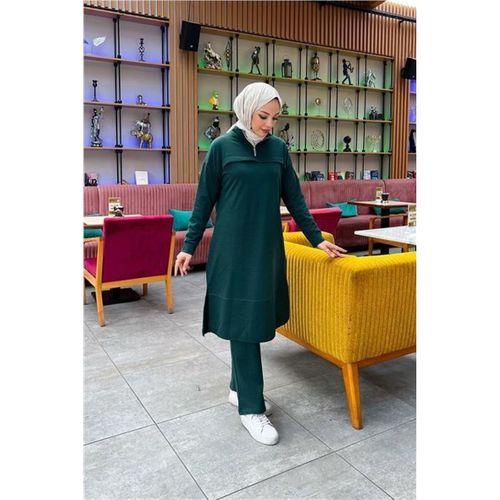 Dik Yaka Kısa Fermuarlı Yırtmaçlı Sade Basic Uzun Tunik ve Pantolon İkili Spor Takım - 03062.021 - Nefti