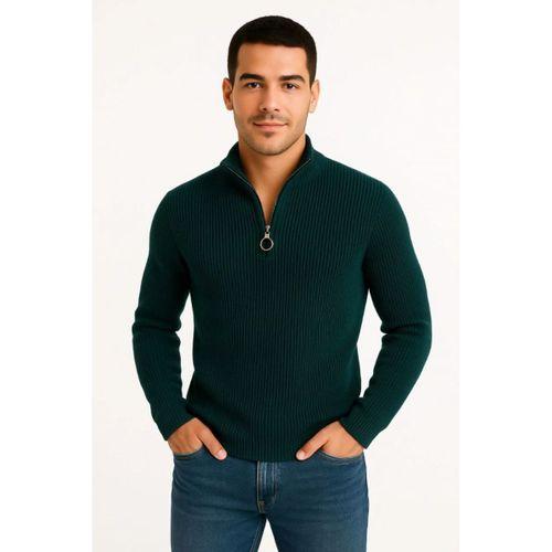 Erkek Yarım Fermuarlı Triko Kazak – Selanik Örgü, Dik Yaka, Pamuklu Dokuma, Regular Fit Uzun Kollu Kışlık Model - Haki