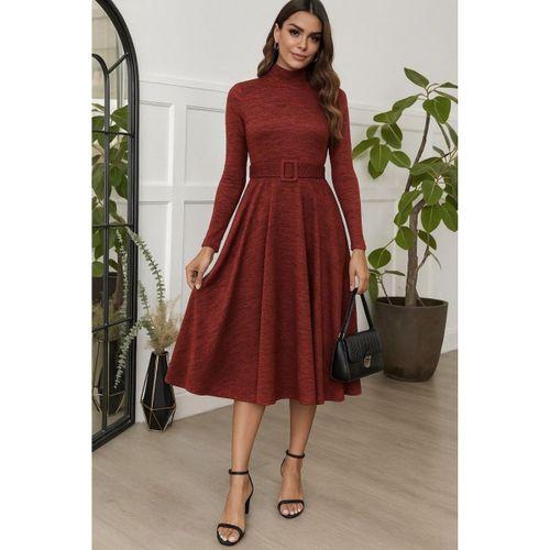 Kadın Uzun Kollu Balıkçı Yaka Kemer Detaylı Yumoş Midi Elbise