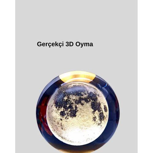 Ay Figürlü 3d Kristal Küre Led Gece Lambası Ahşap Standlı Dekoratif Lamba