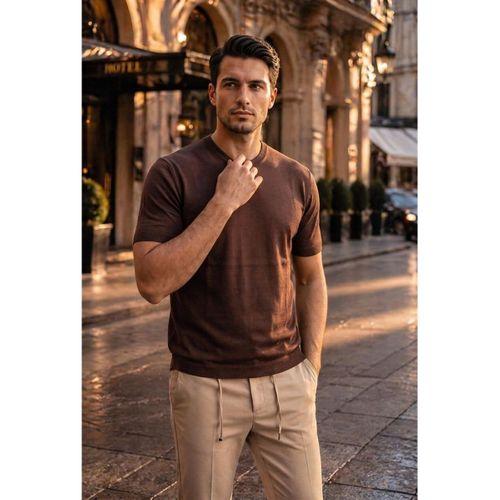Kwon Bisiklet Yaka Basic Kısa Kollu İnce Triko Erkek T-Shirt - Kahve