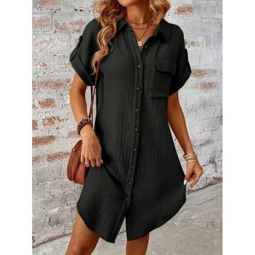 Kadın Kısa Kollu Yakalı önden Düğmeli Bürümcük Kısa Elbise