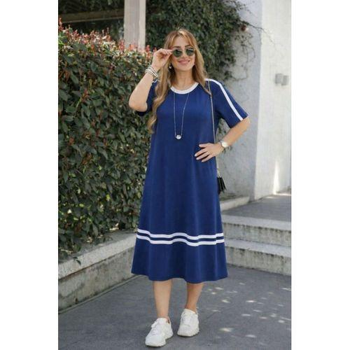 Kadın Kısa Kollu Bisiklet Yaka şerit Detaylı Midi Viskon Elbise