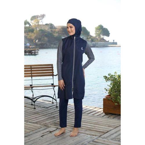 Estiva 25950 Lacivert Marin Fermuarlı Desenli Tam Boy Tesettür Mayo