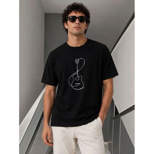 Erkek Minimal Gitar Baskılı Tişört T-Shirt Yazlık Kısa Kol Bisiklet Yaka T-Shirt - Siyah