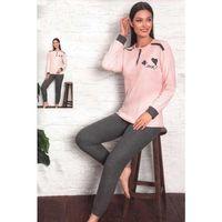Fawn Kadın Love İnterlok Uzun Kol  Manşetli Pijama Takımı (8212)
