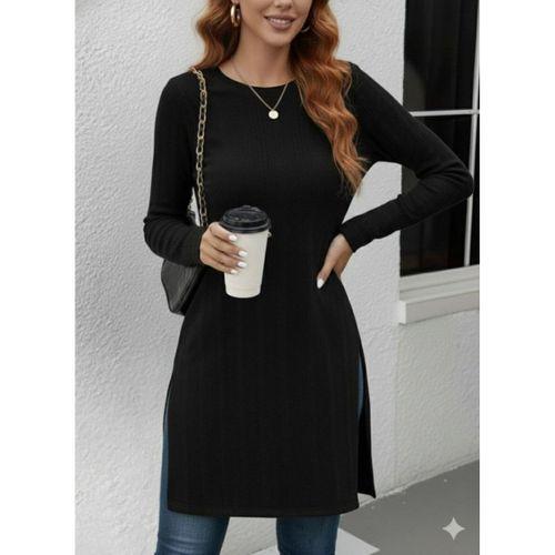 Kadın Uzun Kollu Bisiklet Yaka Iki Yandan Yırtmaç Detay Triko Bluz