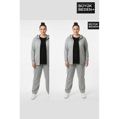 Kadın Büyük Beden Fermuarlı Kapüşonlu 3 lü Set ince Sweatshirt Hırka - Rahat Kalıp SPR26BHRK960+2