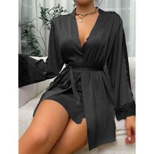 Dantel İşlemeli İnce Askılı Siyah 2'li Saten Gecelik Sabahlık Takımı