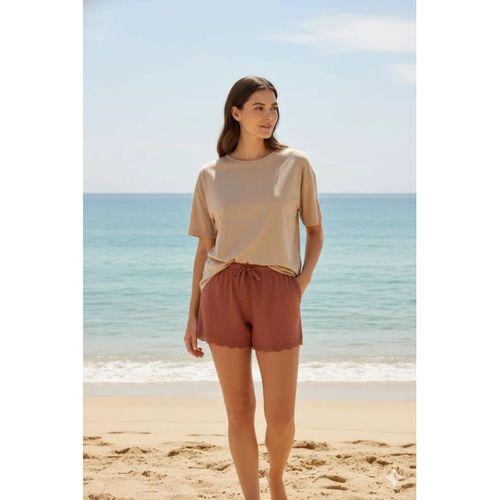 Bambu Fitilli Kadın Ev Şortu Bacak Dantel Detaylı Ev Giyim Taba