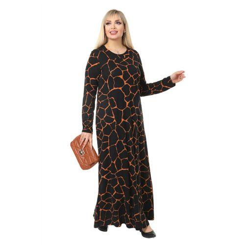 Melsay Butik Büyük Beden Siyah Turuncu Taş Desen Yumoş Uzun Elbise