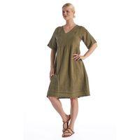 Kısa Kol Haki V Yaka Nakışlı Midi Boy Müslin Yazlık Elbise