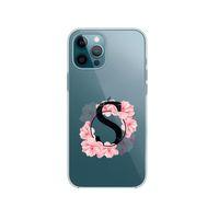 iPhone 12 Pro Pembe Çiçek Desen S Harfli Premium Şeffaf Telefon Kılıfı