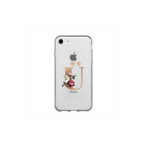 iPhone 7 Şeffaf Kılıf Gold Renkli Çiçekli Ü Harfli Desenli