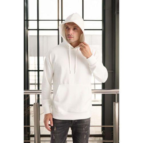 Luc Oversize Basic Dalgıç Kumaş Viskon Kapüşonlu Cepli Sweatshirt Hoodie - Ekru