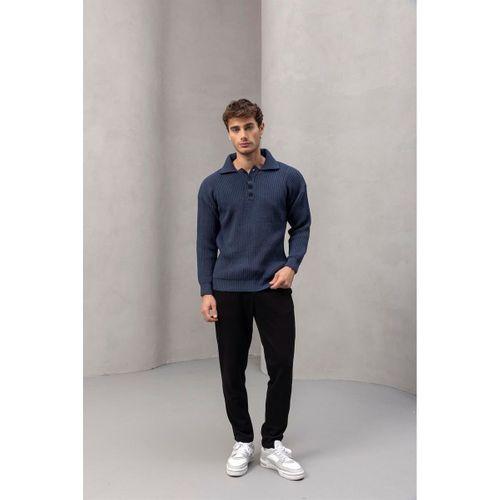 4 Düğmeli Yarım Pat Polo Yaka Kazak İndigo - Bezayağı Kumaş Pantolon Siyah