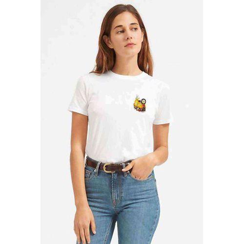 Scooter Sarı Motorsiklet Motor Göğüs Baskılı Beyaz Kadın Tshirt