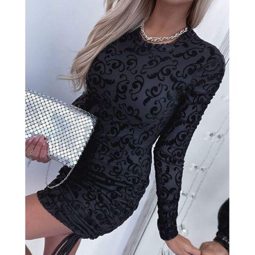 Lucky Life Kadın Uzun Kollu Bisiklet Yaka Yandan Büzgülü Flok Baskı Sandy Elbise