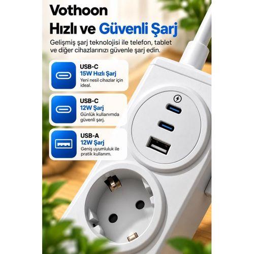 4’lü Akıllı Priz Tek Dokunuşla Fiş Çıkarma 2 Metre Kablo 2 Type-c + Usb 15w Hızlı Şarj 3680w Krem