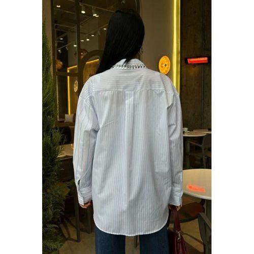 Yaka Ve Cebi Taşlı Çizgili Over Gömlek 3406