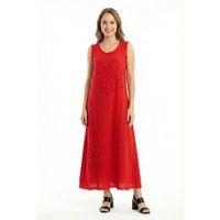 Kolsuz Ferah Bisiklet Yaka Yazlık Otantik Müslin Uzun Elbise Kırmızı Krmz