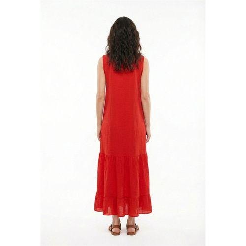 Kolsuz Deniz Fırfırlı V Yaka Yazlık Müslin Uzun Elbise Kırmızı Krmz