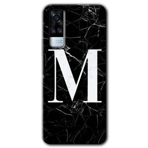 Vivo Y51 HD Baskılı Kılıf + 9D Tam Ekran Koruyucu - Siyah Mermer Desenli M Harfi