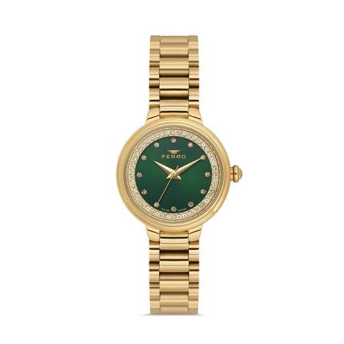 Ferro Quartz Çelik Altın Rengi Yeşil Kadran 28 mm Kadın Kol Saati