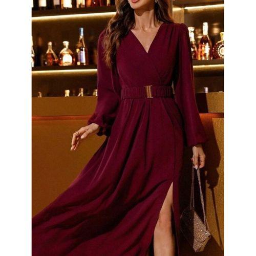 Kadın Uzun Kollu Kruvaze Yaka Beli Kemerli Yırtmaçlı Uzun Ithal Krep Elbise