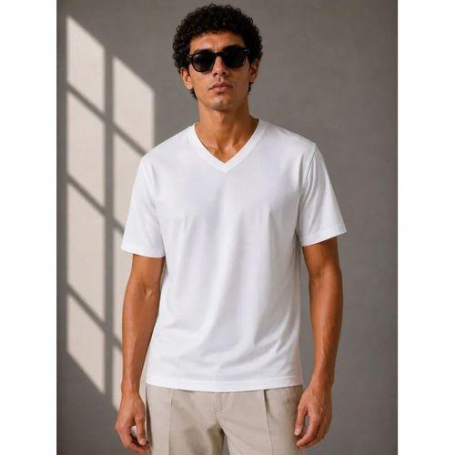 Erkek V Yaka Basic Tişört Kısa Kol Yazlık Regular Fit T-Shirt - Beyaz