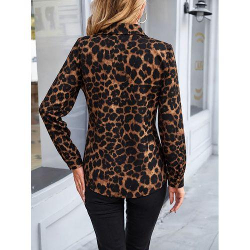 Kadın Uzun Kollu Yakalı önden Düğmeli Leopar Desenli Modal Gömlek Bluz
