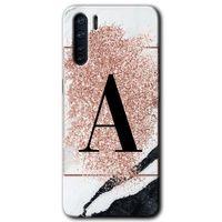 Oppo A91 Kılıf HD Desen Baskılı Arka Kapak + Temperli Cam - Pembe Mermer Desenli A Harfi