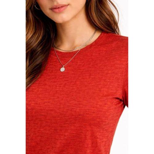 Flam Kumaş Melanj Dokulu Regular Fit Tişört Bisiklet Yaka Yazlık T-Shirt - Kiremit