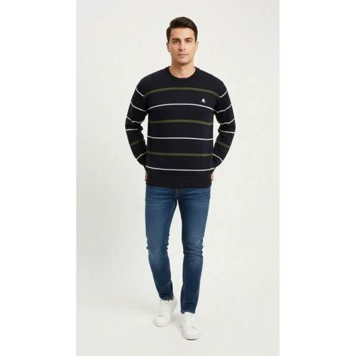 Erkek Bisiklet Yaka Cizgili Triko Kazak Yumuşak Dokulu Pamuklu Ince Dokuma, Uzun Kollu Rahat Regular Kalıp - Lacivert