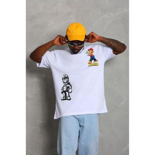 Unisex Oversize Baskılı Bisiklet Yaka T-Shirt - Beyaz