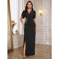 Kadın Kısa Kollu Kruvaze Yakalı Belden çiçek Aksesuarlı Yırtmaçlı Ithal Krep Elbise